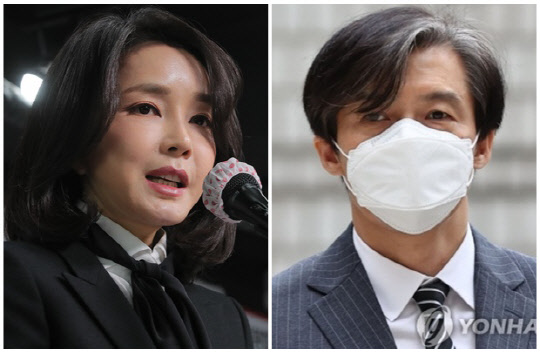윤석열 국민의힘 대선 후보 부인 김건희씨(왼쪽)와 조국 전 법무부 장관. <연합뉴스>